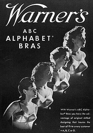 In 1937, Warner introduced its Alphabet Bra with four cup sizes (A, B, C and D)