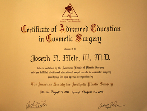 Certificate of Advanced Education in Cosmetic Surgery - Dr. Joseph Mele
