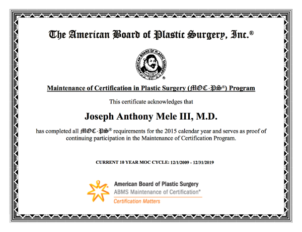 For your safety, Dr. Mele maintains his Board Certifications with two ABMS recognized boards: The American Board of Plastic Surgery and the American Board of Surgery.