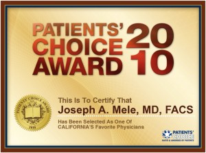 Dr. Mele Receives the 2010 Patients' Choice Award