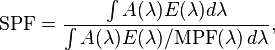 The modern equation for calculating SPF: A(λ) the erythemal action spectrum, E(λ) is the solar irradiance spectrum and MPF(λ) the monochromatic protection factor, all functions of the wavelength λ. However, the original measurements of SPF were not mathematical.