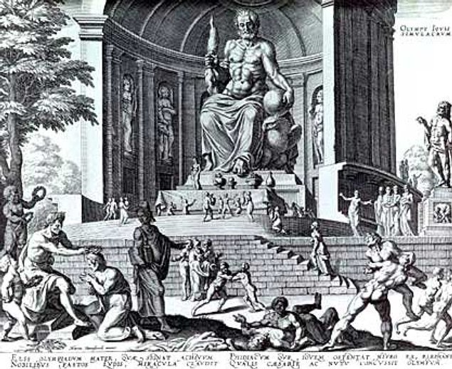 1572 engraving by Philippe Galle of Phidias' enormous Statue of Zeus at Olympia