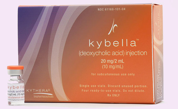 The official Kythera packaging for Kybella and the holographically labelled single patient use vial.