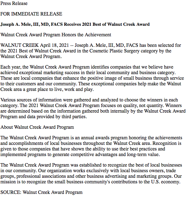 2021 Press release from he Business Hall of Fame - Walnut Creek Award Program.