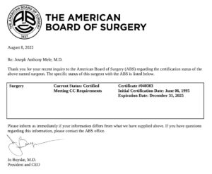 American Board of Surgery Certification - Dr. Mele
