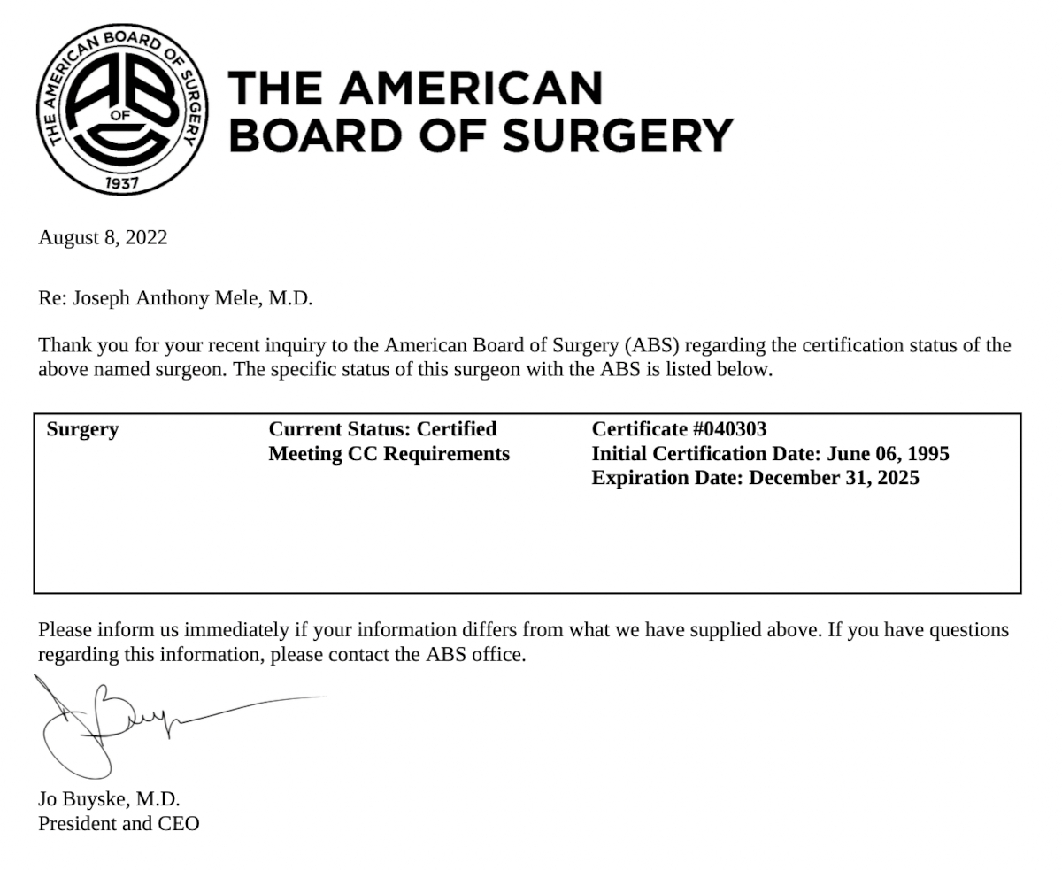 American Board of Surgery Certification - Dr. Mele