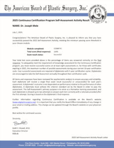 American Board of Plastic Surgery passing results letter.