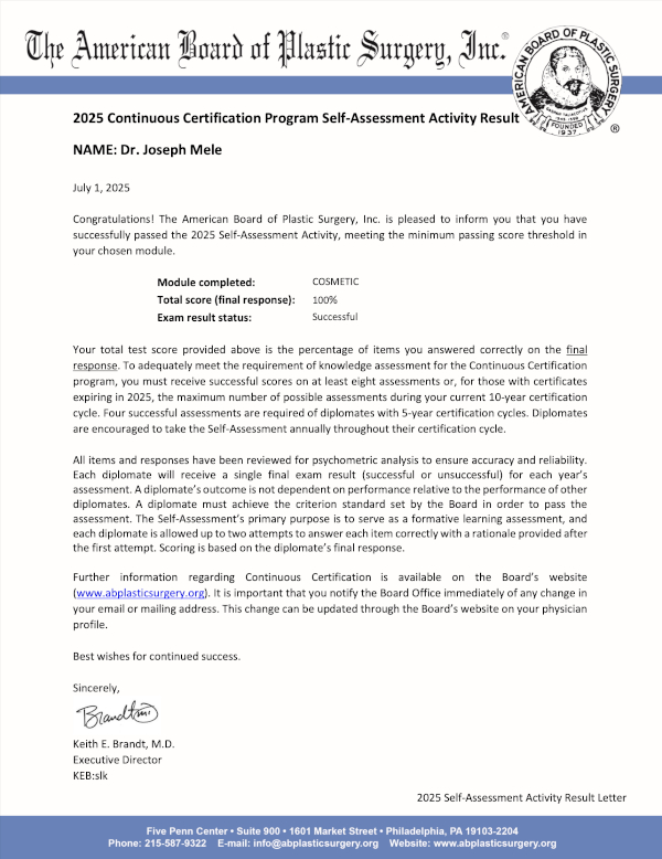 American Board of Plastic Surgery passing results letter.